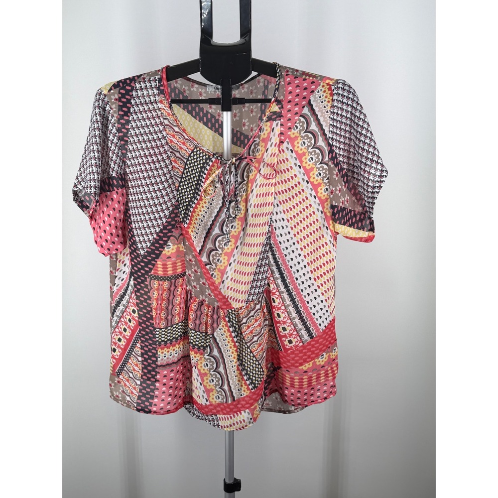 Quintessential Pink Patchwork Print‎ Tie Front Blouse Short Sleeve Medium